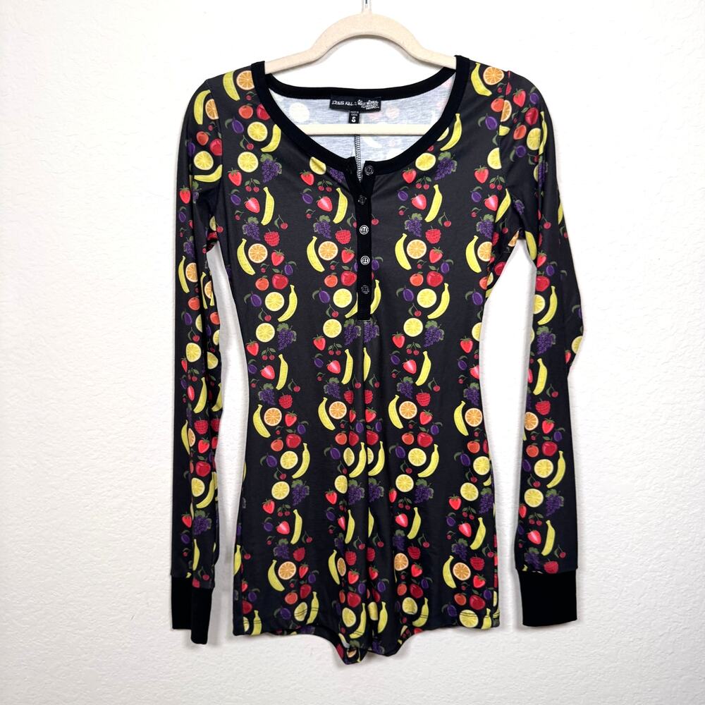 Dolls Kill X Willy Wonka Women Romper Sz S Chocolate Factory Fruit Stretch Black